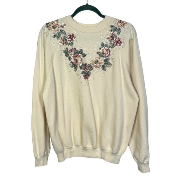 Vintage 80s Floral V Sweatshirt, Size L - Picture 1 of 5